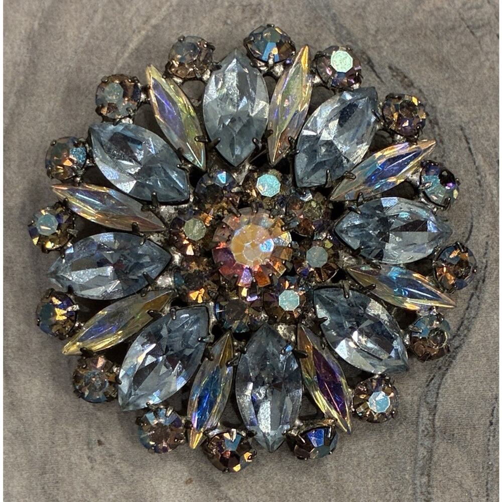 Vintage Mid-Century Aurora Borealis And Blue Rhinestone Starburst Brooch Pin